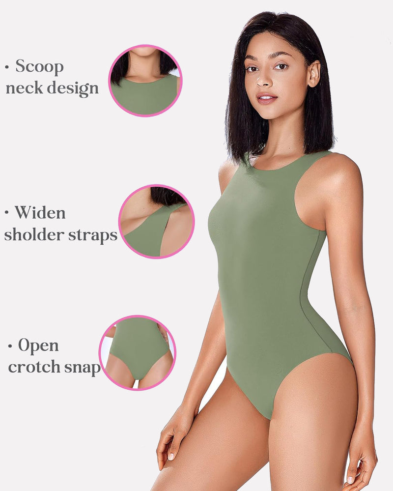 Olive green bodysuit shapewear: scoop neck, wide straps, open crotch snap for comfort and shaping.