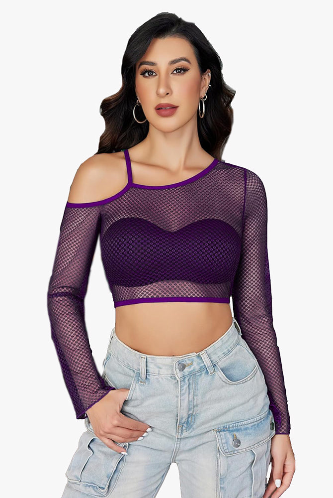 Purple fishnet crop top with asymmetrical neck and long sleeves, paired with light wash denim.