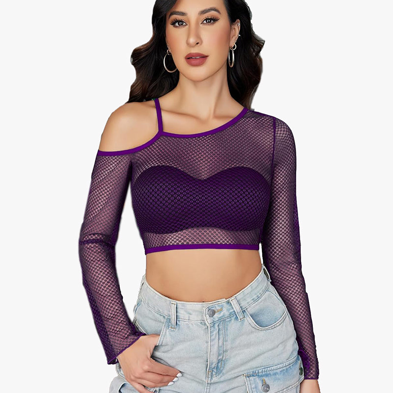 Purple fishnet crop top with asymmetrical neck and long sleeves, paired with light wash denim.
