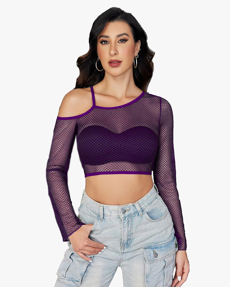 Purple fishnet crop top with asymmetrical neck and long sleeves, paired with light wash denim.