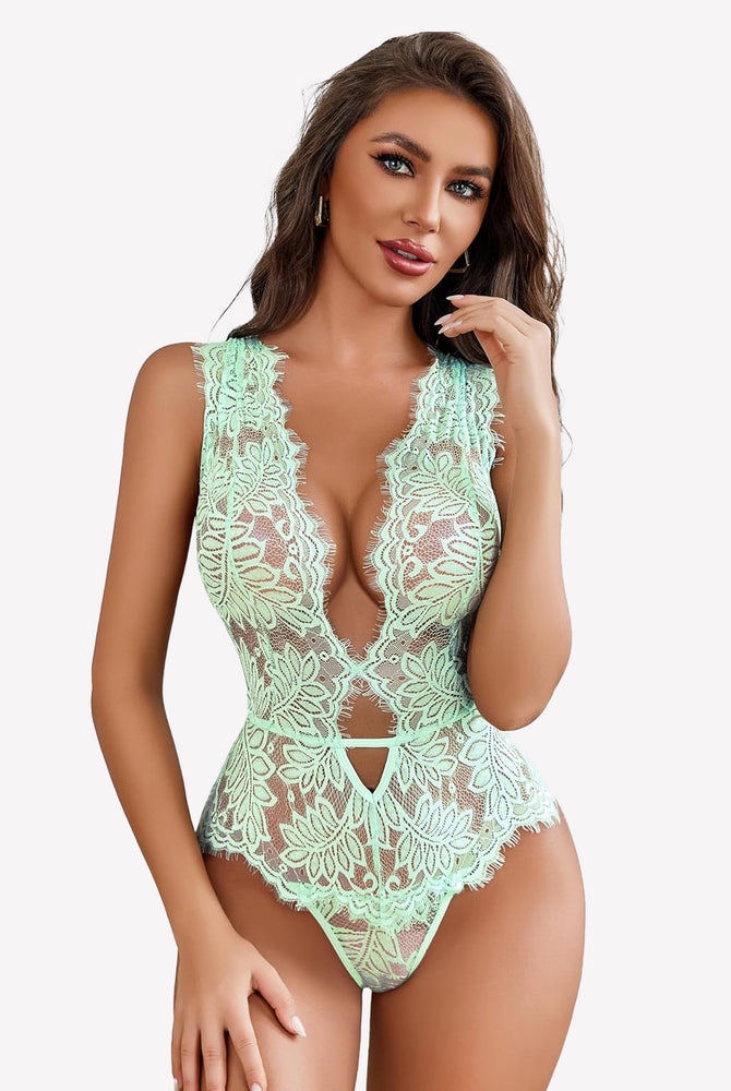 Mint green lace deep V teddy bodysuit, leaf lace, backless design. Adjustable straps, sexy lingerie.