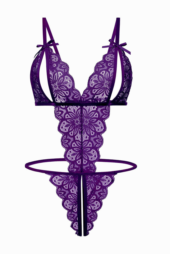 Purple lace bodysuit with deep V-neck, open cup, backless, bow details. Sexy lingerie.