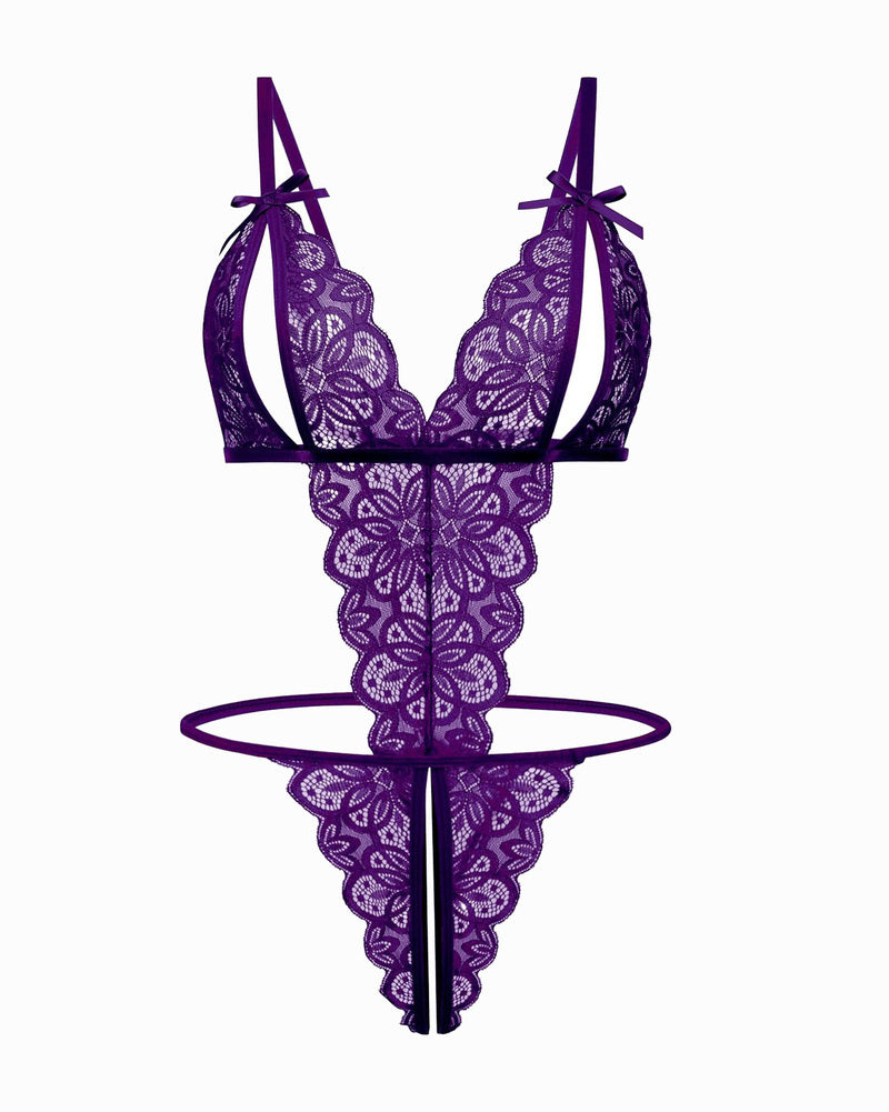 Purple lace bodysuit with deep V-neck, open cup, backless, bow details. Sexy lingerie.