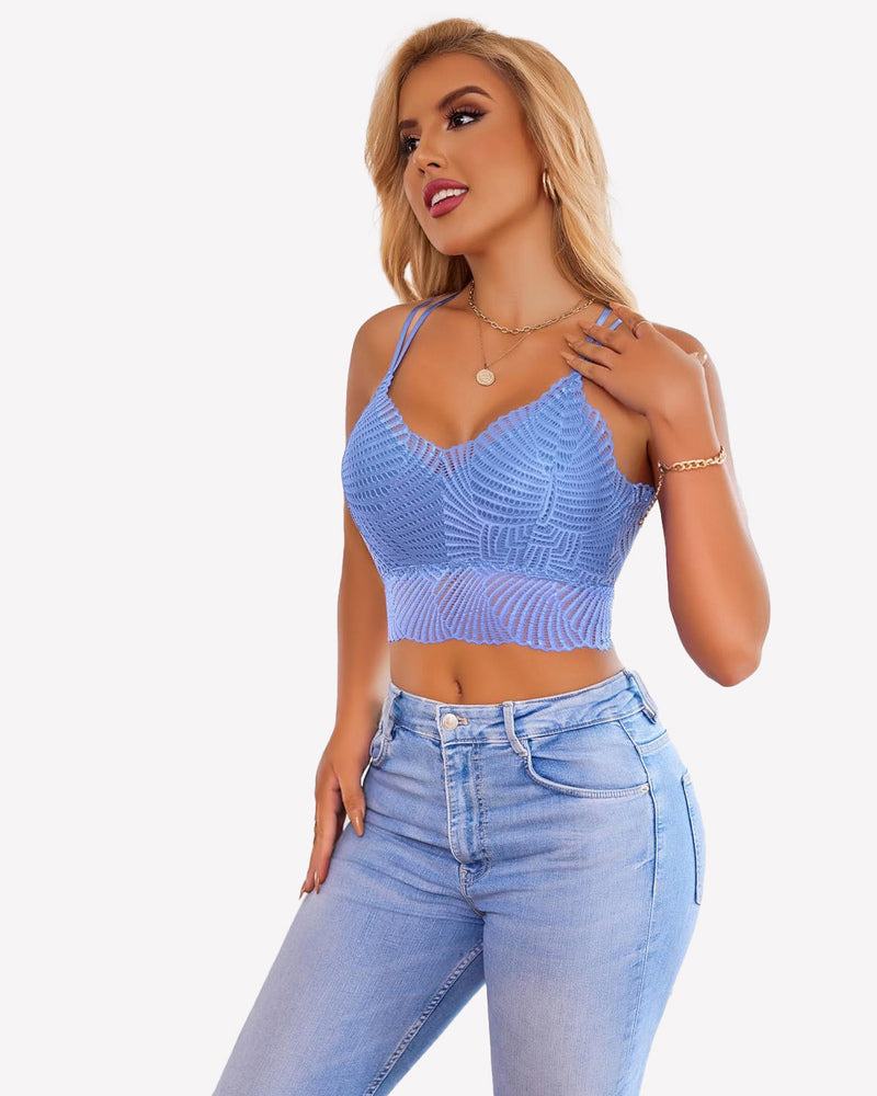 Avidlove blue lace V-neck crop top with scalloped edge, model wearing denim jeans, lingerie