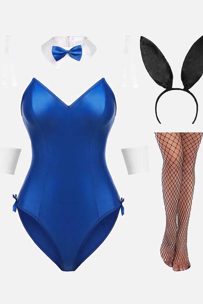 Blue bunny lingerie set with bodysuit, bunny ears, collar, cuffs, and stockings. Cute and charming.