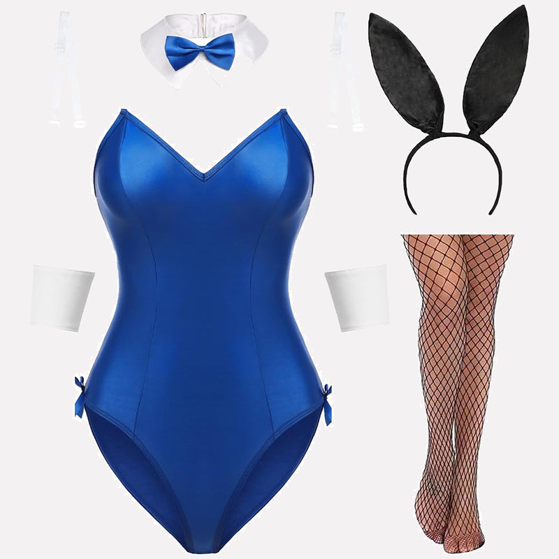 Blue bunny lingerie set with bodysuit, bunny ears, collar, cuffs, and stockings. Cute and charming.