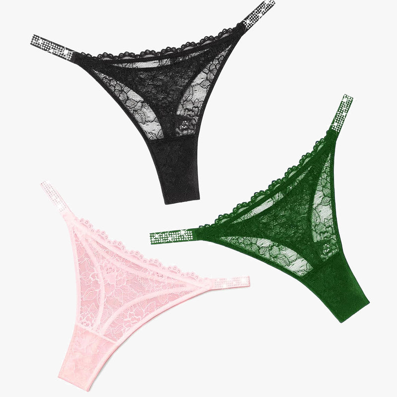 Lace thongs with rhinestone straps in three colors. Sexy lingerie designed for women.
