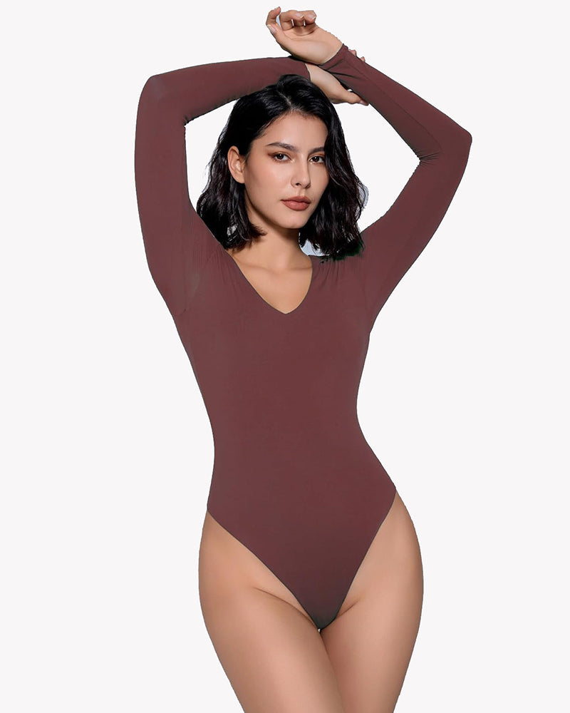 Brown long-sleeve V-neck bodysuit. Curve-enhancing, double-lined shapewear for a confident look.