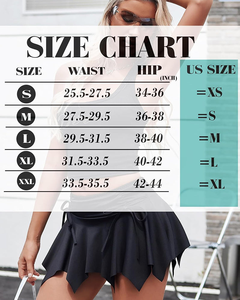 Y2k mini skirt size chart: waist, hip, US sizes (XS-XL). Black, asymmetrical hem design.