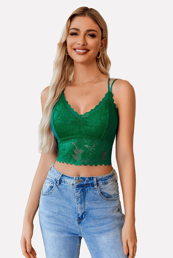 Green lace racerback crop top with scalloped trim, showing a sexy and charming back.