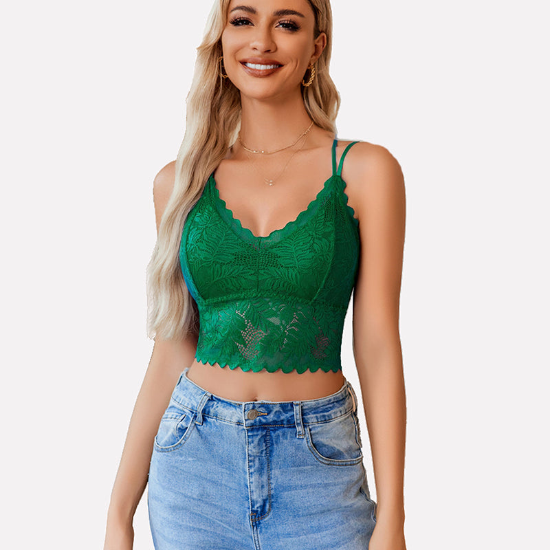 Green lace racerback crop top with scalloped trim, showing a sexy and charming back.