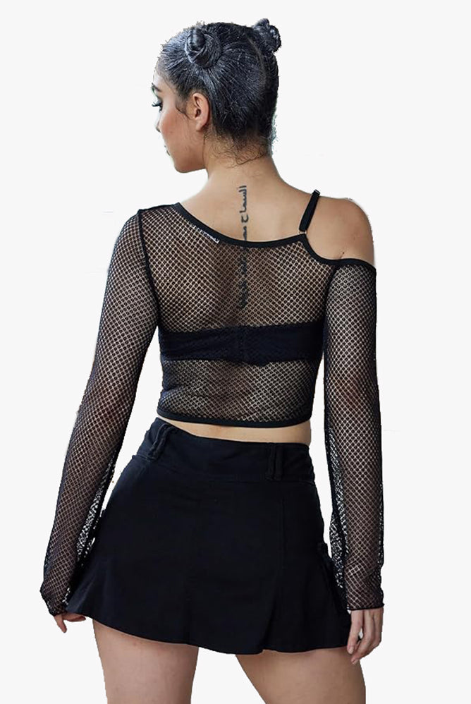 Black fishnet long sleeve crop top with asymmetrical neck and black skirt, see through design