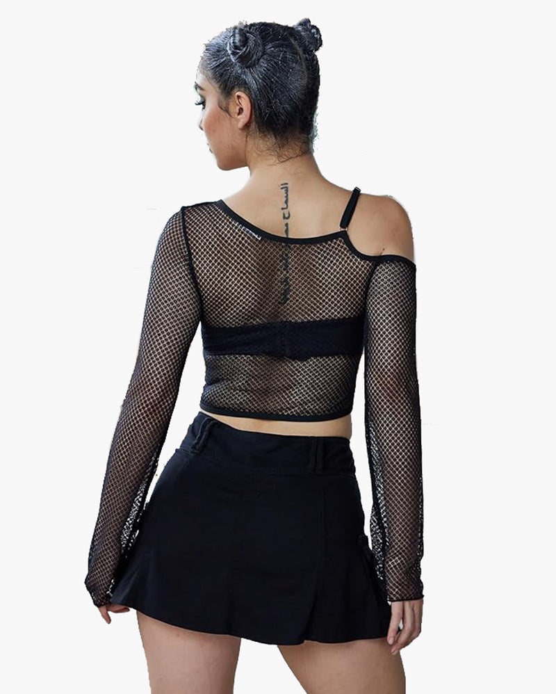 Black fishnet long sleeve crop top with asymmetrical neck and black skirt, see through design