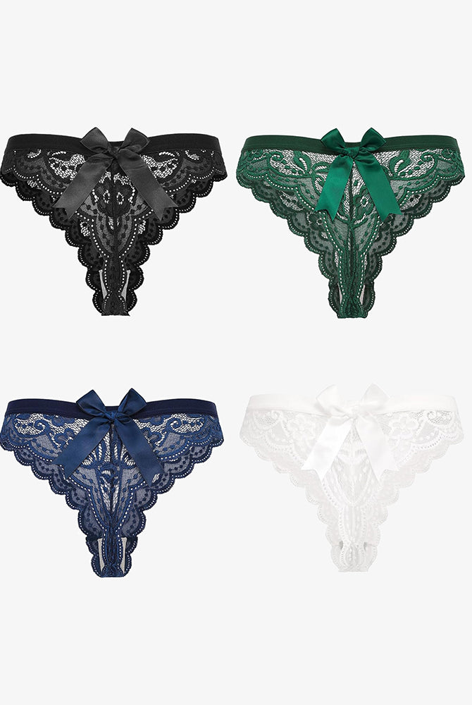 Avidlove Lace Bow Thong Panties in Black, Green, Navy, and White