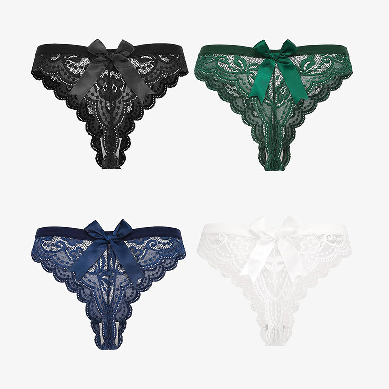 Avidlove Lace Bow Thong Panties in Black, Green, Navy, and White