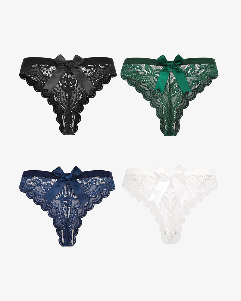 Avidlove Lace Bow Thong Panties in Black, Green, Navy, and White