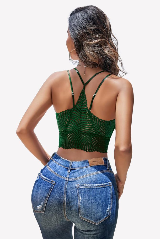 Green lace Avidlove V-neck crop top with jeans, adjustable straps, sexy lingerie.