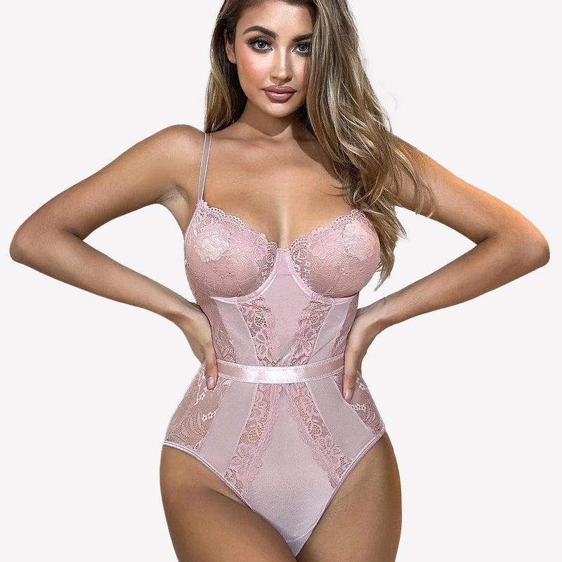 Pink lace underwire bodysuit teddy with adjustable straps and snap crotch, sensual lingerie.