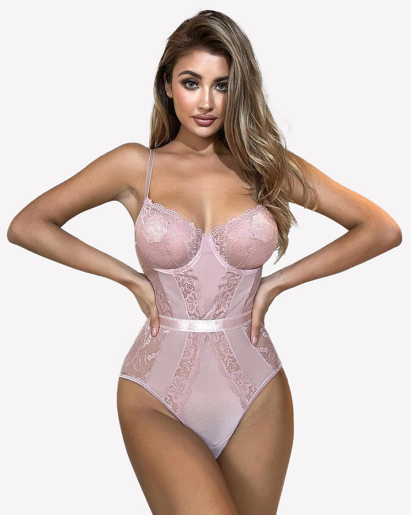Pink lace underwire bodysuit teddy with adjustable straps and snap crotch, sensual lingerie.