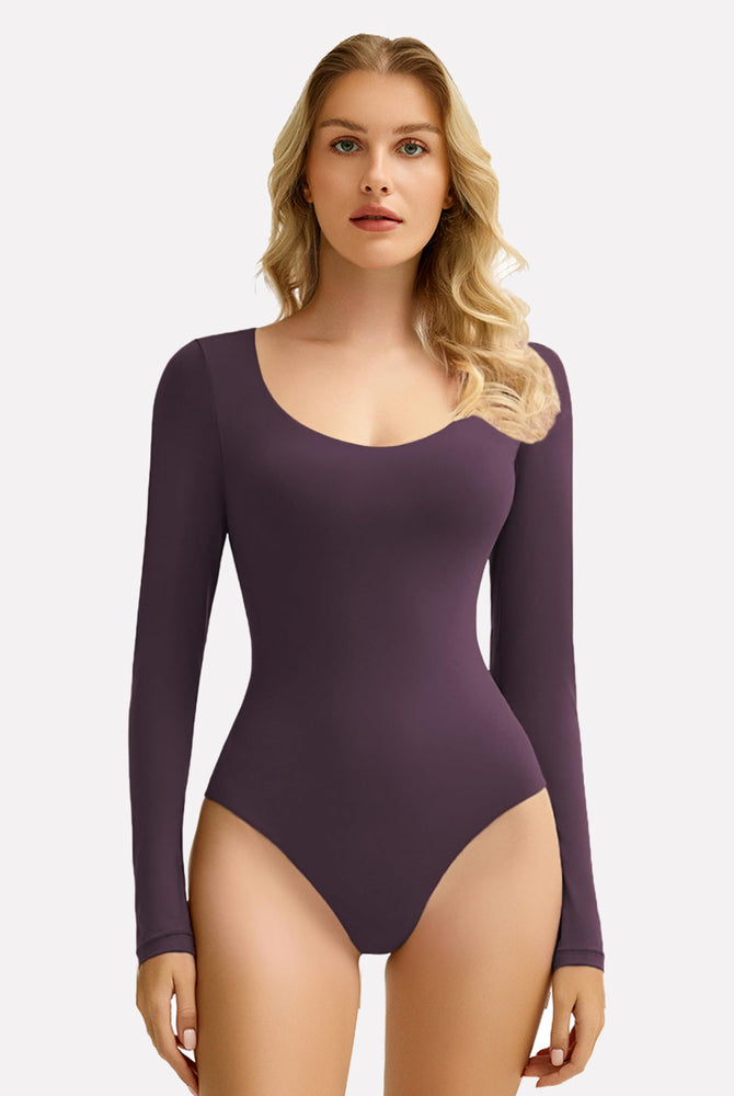 Plum purple long sleeve scoop neck bodysuit shapewear, ultra-soft and stretchy for flattering fit