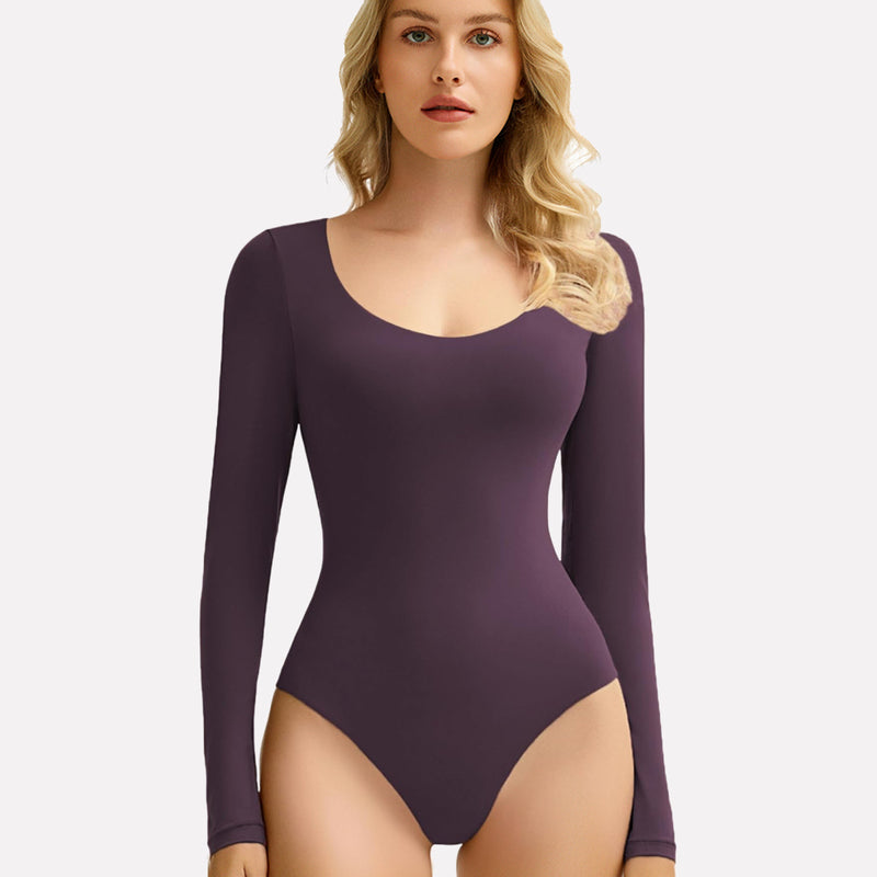 Plum purple long sleeve scoop neck bodysuit shapewear, ultra-soft and stretchy for flattering fit