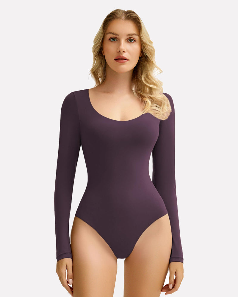 Plum purple long sleeve scoop neck bodysuit shapewear, ultra-soft and stretchy for flattering fit