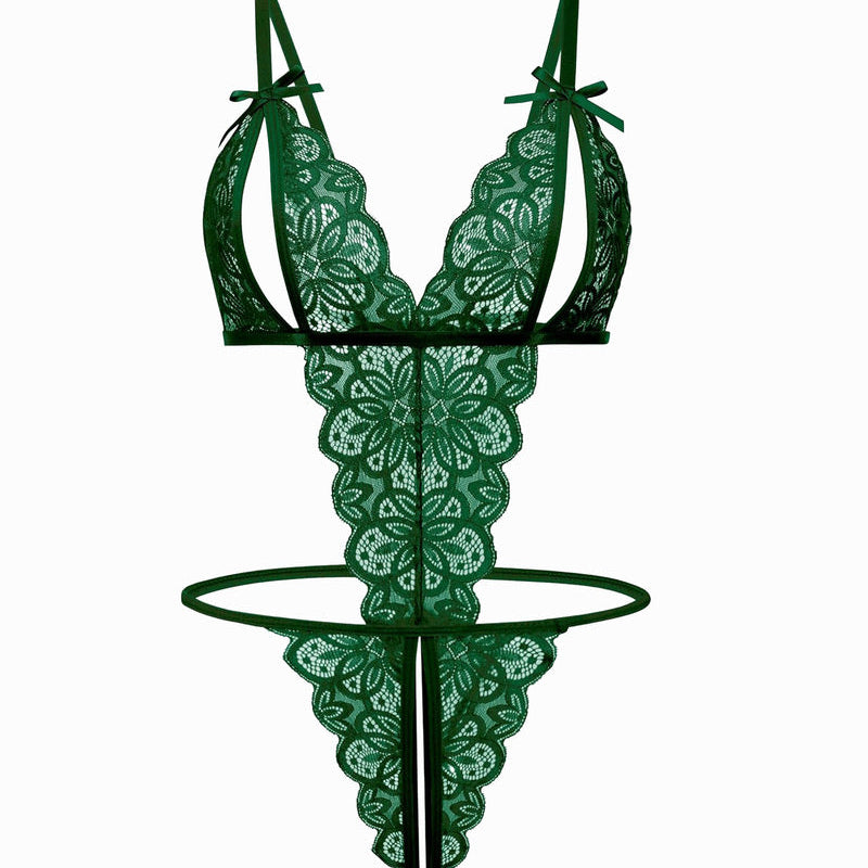 Green lace bodysuit with open cup, backless design, and bow details. Sexy lingerie for women.