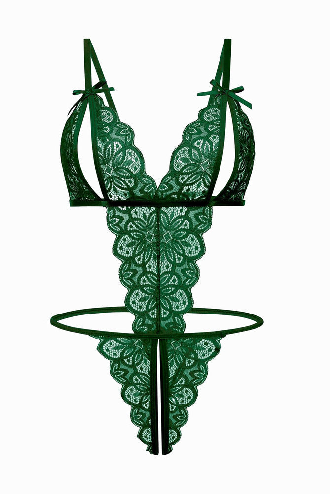 Green lace bodysuit with open cup, backless design, and bow details. Sexy lingerie for women.