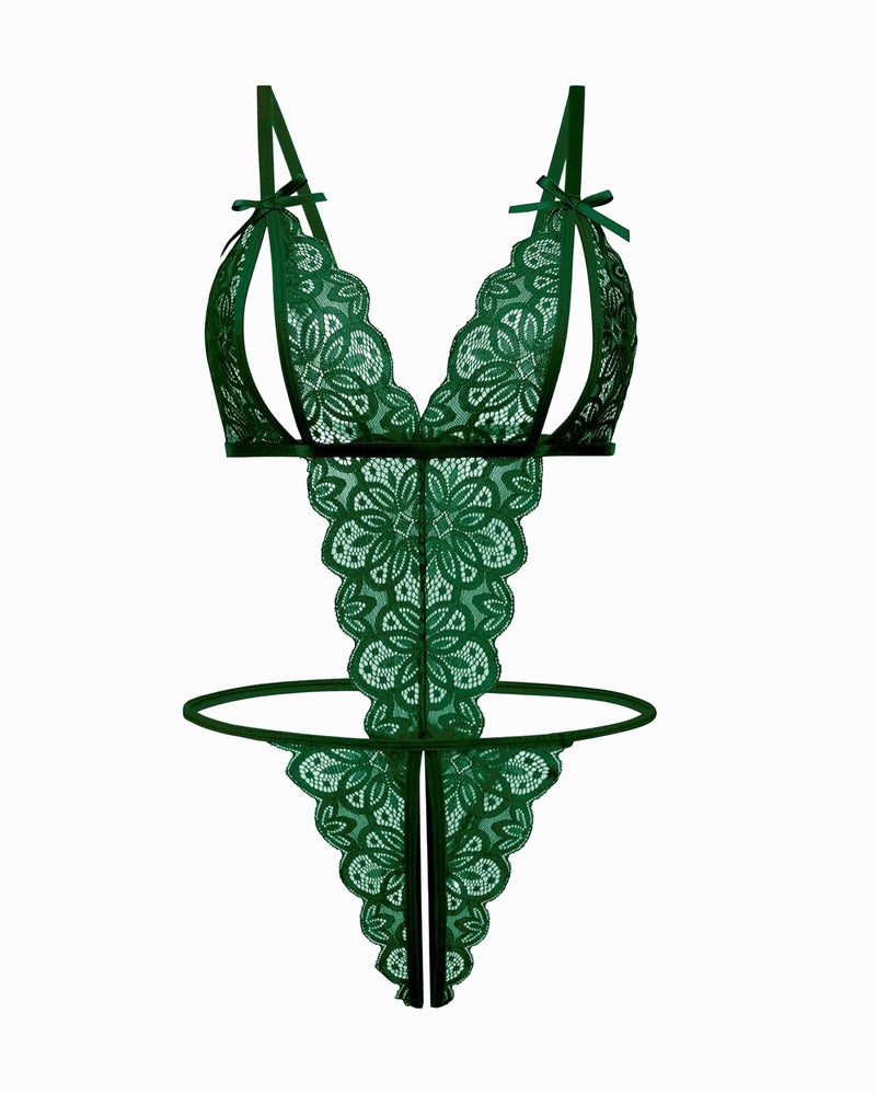 Green lace bodysuit with open cup, backless design, and bow details. Sexy lingerie for women.