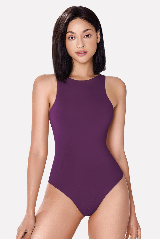 Deep purple high-neck shapewear bodysuit, comfortable and breathable design, enhancing silhouette.