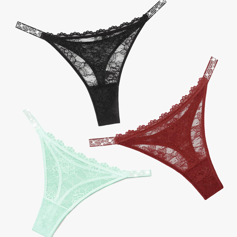 Lace thongs with rhinestone straps in black, burgundy, and mint green. Sexy lingerie.