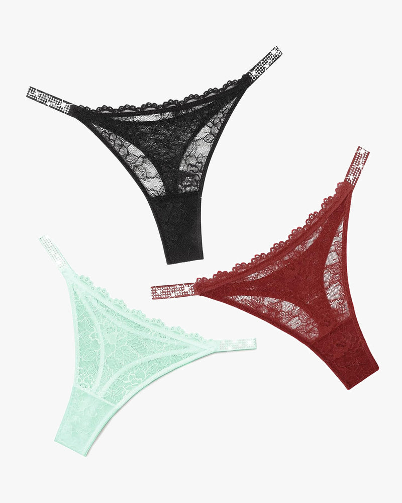 Lace thongs with rhinestone straps in black, burgundy, and mint green. Sexy lingerie.