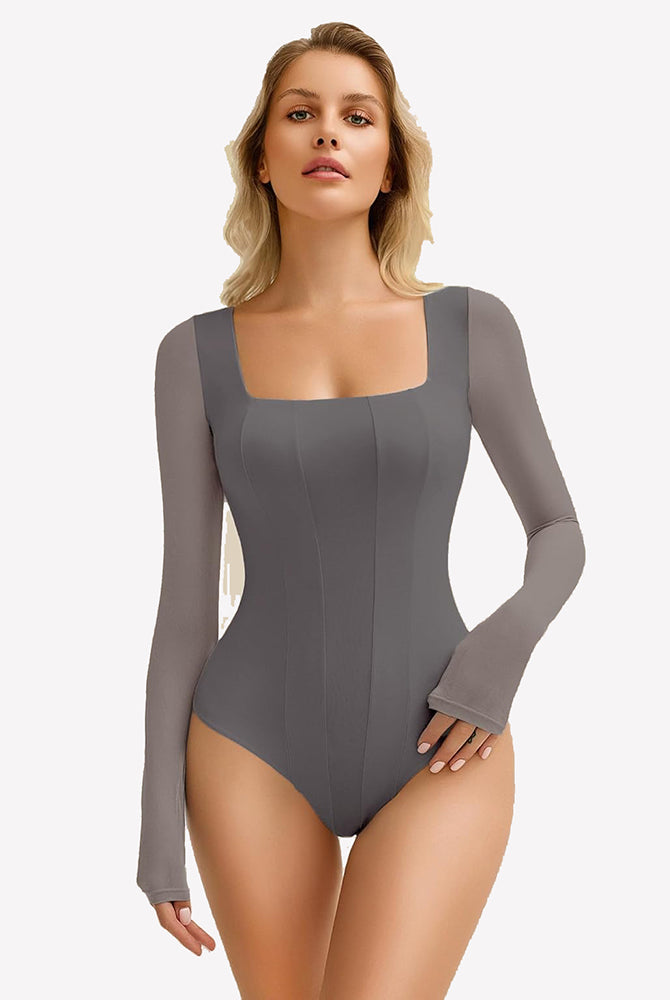 Dark gray Avidlove square neck mesh leotard top with long mesh sleeves and bodycon fit.