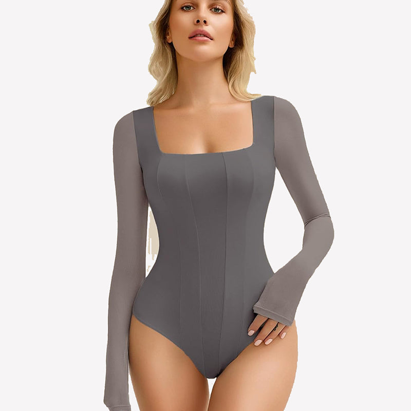Dark gray Avidlove square neck mesh leotard top with long mesh sleeves and bodycon fit.