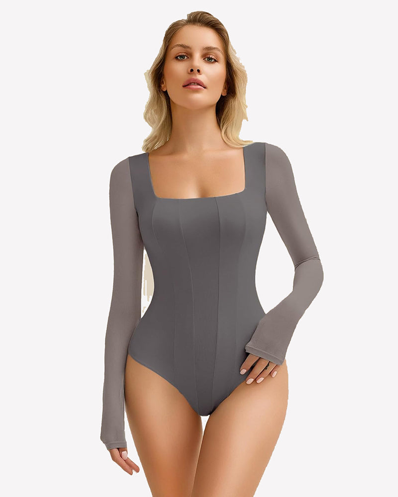Dark gray Avidlove square neck mesh leotard top with long mesh sleeves and bodycon fit.