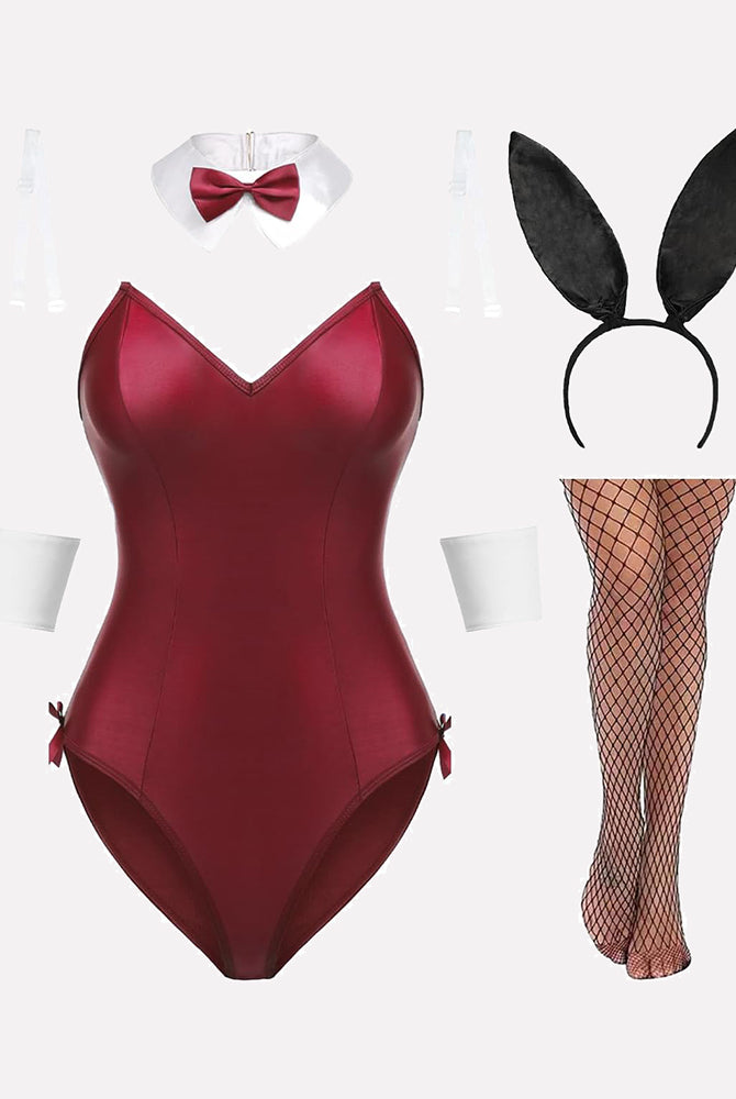 Burgundy bunny lingerie set with bodysuit, bunny ears, collar, cuffs, and fishnet stockings. Sexy.