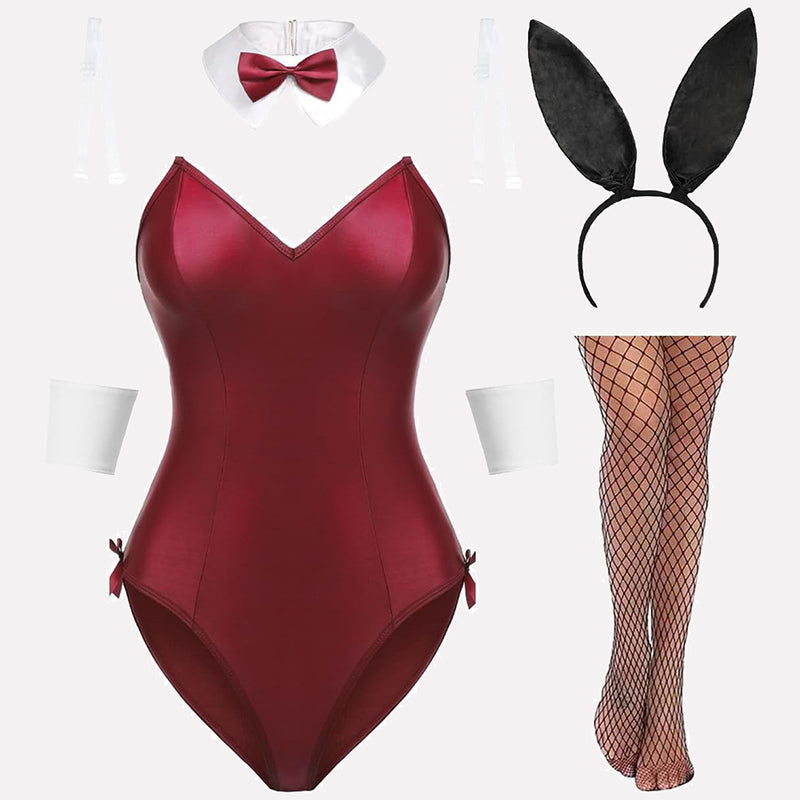 Burgundy bunny lingerie set with bodysuit, bunny ears, collar, cuffs, and fishnet stockings. Sexy.