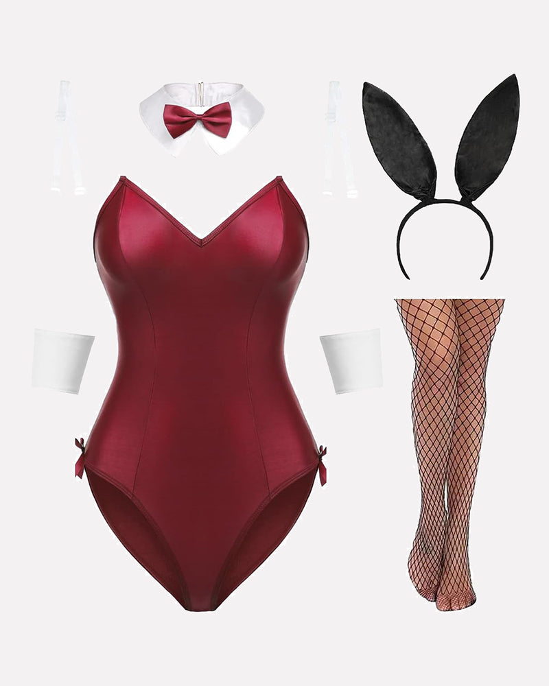 Burgundy bunny lingerie set with bodysuit, bunny ears, collar, cuffs, and fishnet stockings. Sexy.