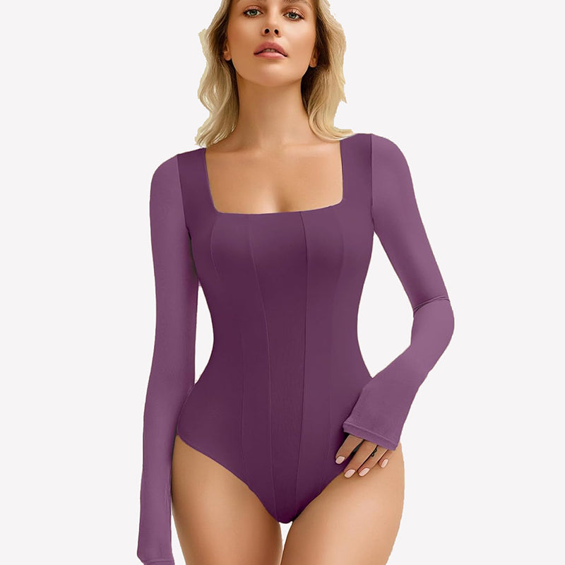 Avidlove plum square neck mesh leotard top. Bodycon style with long sleeves. Sexy lingerie.