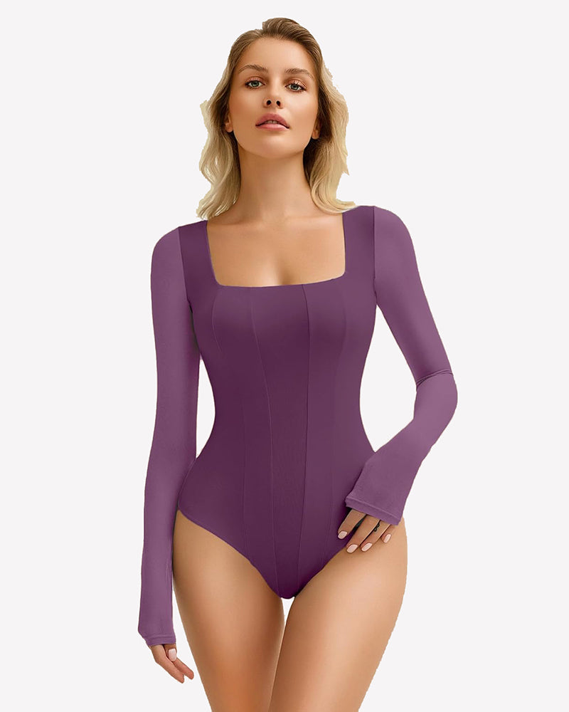 Avidlove plum square neck mesh leotard top. Bodycon style with long sleeves. Sexy lingerie.