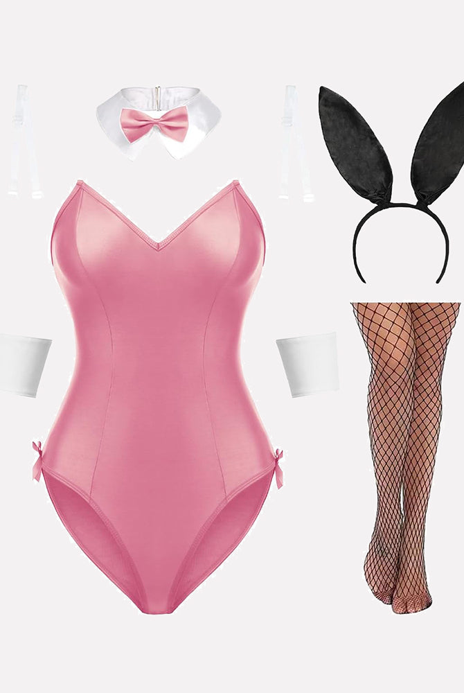 Pink Bunny Lingerie Set: Bodysuit, Collar, Headband, Cuffs, Stockings. Cute and Charming.