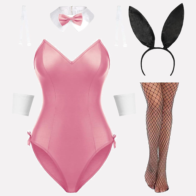 Pink Bunny Lingerie Set: Bodysuit, Collar, Headband, Cuffs, Stockings. Cute and Charming.