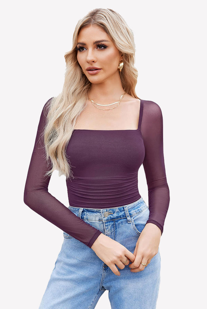 Square neck mesh bodysuit: purple with long sleeves, ruched detail; model in jeans & gold jewelry.