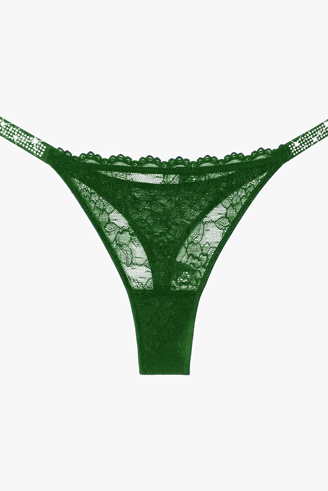Green lace thong lingerie with rhinestone strap details, sexy and transparent for women