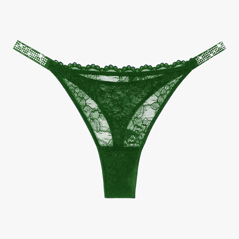 Green lace thong lingerie with rhinestone strap details, sexy and transparent for women