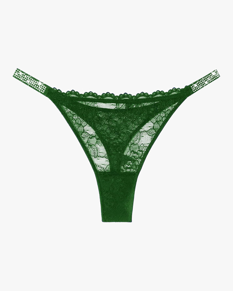 Green lace thong lingerie with rhinestone strap details, sexy and transparent for women