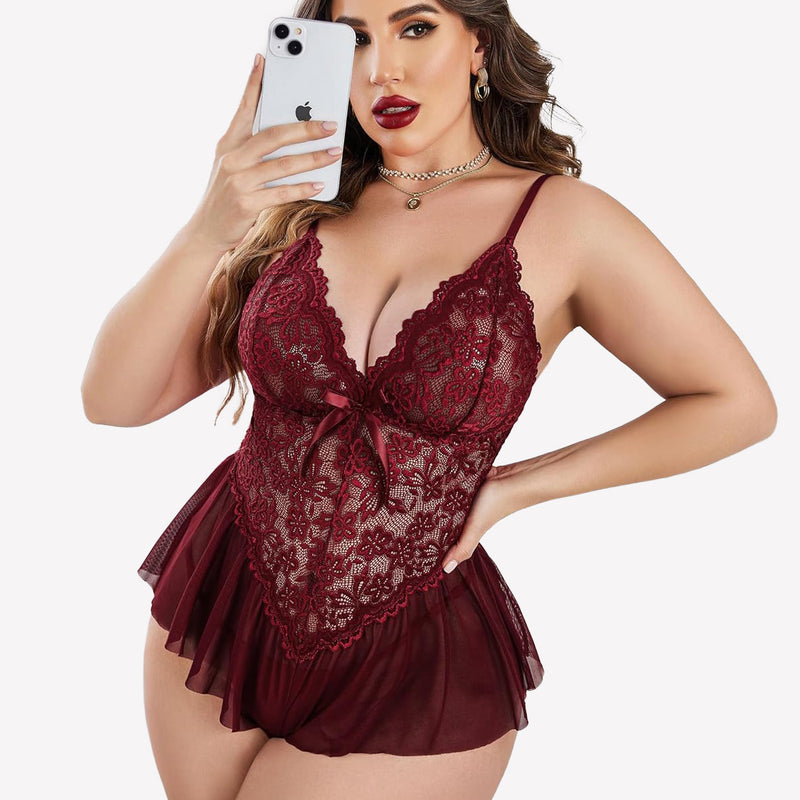 Plus size model in burgundy lace bodysuit with adjustable straps, teddy lingerie