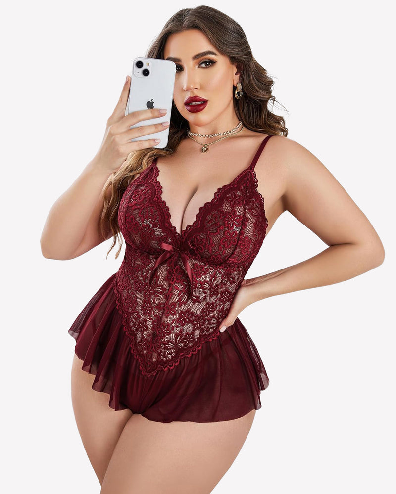 Plus size model in burgundy lace bodysuit with adjustable straps, teddy lingerie