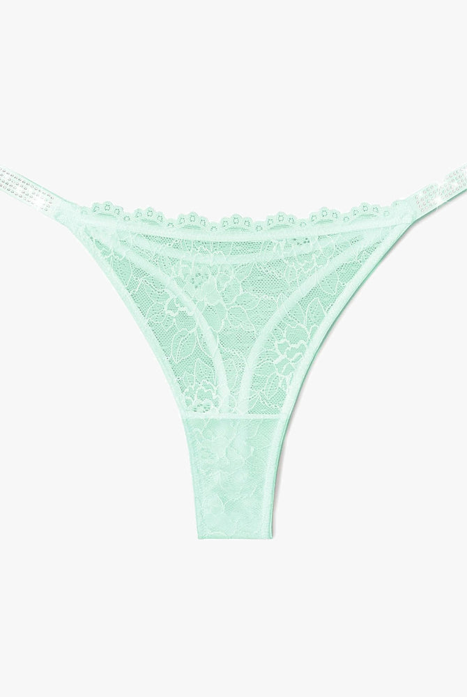 Mint green lace thong lingerie with rhinestone straps. Sexy and transparent lace design for women.