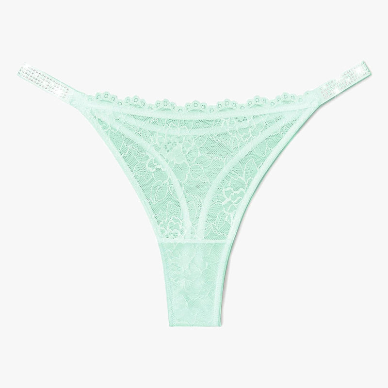 Mint green lace thong lingerie with rhinestone straps. Sexy and transparent lace design for women.